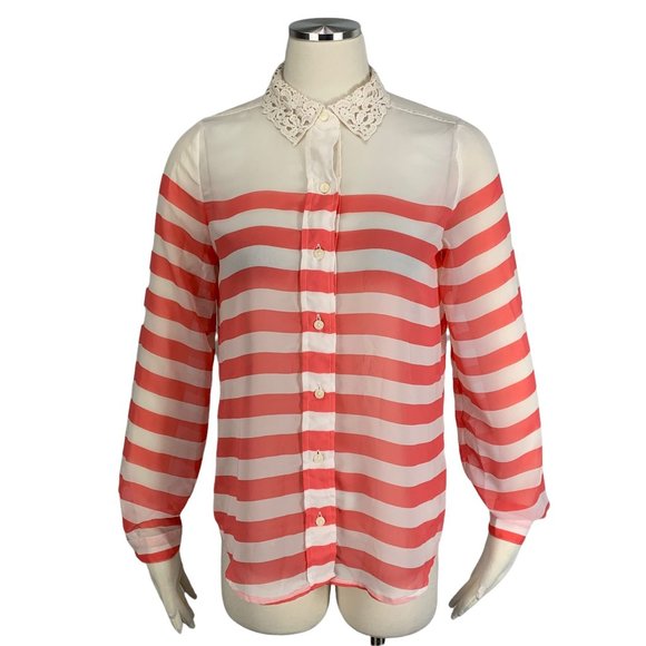 Lauren Conrad Small Blouse Semi Sheer Crochet Collar Stripe - Picture 1 of 6